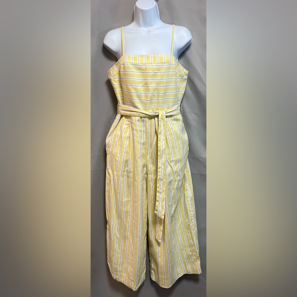 Banana Republic Women Yellow Stripe Linen-Cotton Cropped Jumpsuit sz‎ 4